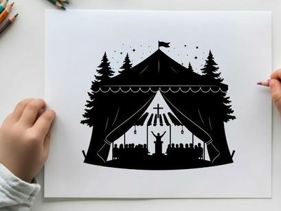 Silhouette of a person in a tent with a cross silhouette