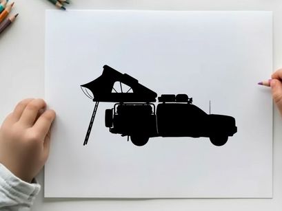 Silhouette of a pickup truck with a tent on the back
