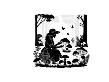 Silhouette of a woman picking mushrooms in a forest with trees and butterflies preview picture