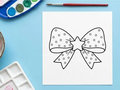 Christmas bow with star icon, festive holiday ribbon outline for coloring page design.