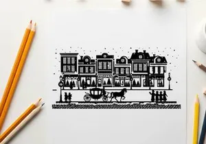 Silhouette of a horse drawn carriage in front of buildings