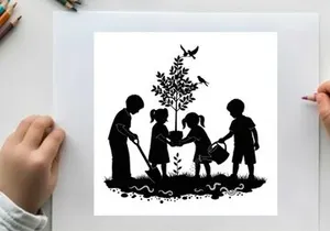 Children planting a tree in silhouette with birds flying overhead
