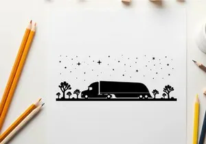 Truck silhouette driving under starry night sky with trees