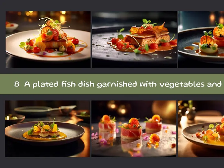 A beautifully plated fish dish garnished with vegetables and greens