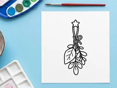 Hand-drawn Halloween mistletoe with golden star decoration. Festive holiday sprig illustration for seasonal greeting cards and party invites.