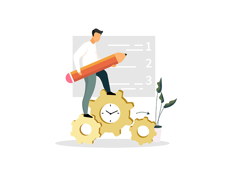 Man, entrepreneur, manager, businessman standing on clock gear flat vector illustration