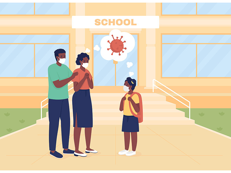 Worried parents see their daughter off to lessons flat color vector illustration