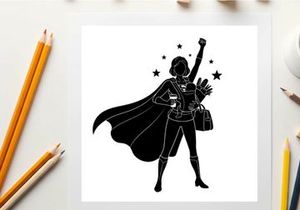 Silhouette of a female superhero with stars and cape