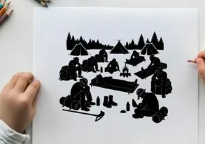 Winter camping silhouette scene with people and tents in snowy forest