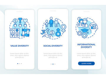 Top management diversity types onboarding mobile app page screen with concepts preview picture