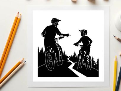 Cyclists on a forest road in silhouette