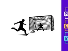 Soccer player kicking ball past goalie