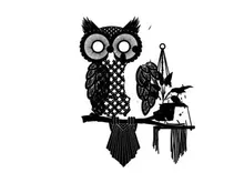 Owl silhouette perched beside a hanging plant