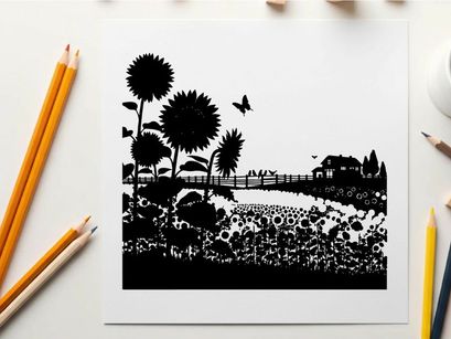 Sunflower field silhouette with butterflies and farmhouse