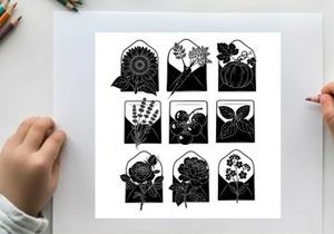 Silhouette of various floral designs and plants in black and white