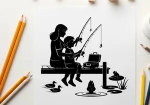 Silhouette of woman and child fishing by serene lake
