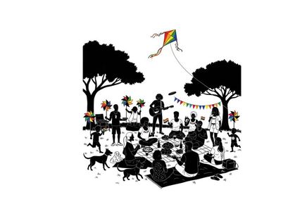 Silhouette of people and dogs at a park with a kite