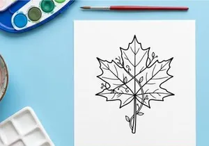 Detailed illustration of a maple leaf with intricate line art. Artistic botanical drawing for nature and design projects.