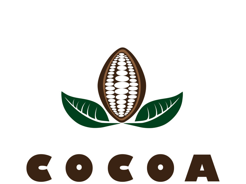 cocoa logo,cocoa bean,cocoa tree,cocoa branches and leaves,chocolate mix on white background,vintage,modern,simple,minimalist icon illustration template design vector