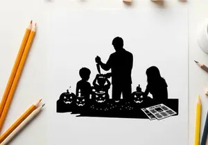 Halloween silhouette of family carving pumpkins together at night