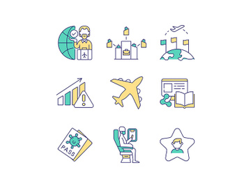Business travel trends black glyph icons set on white space preview picture