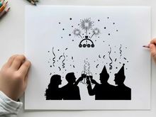 New year's eve celebration silhouette with fireworks and confetti