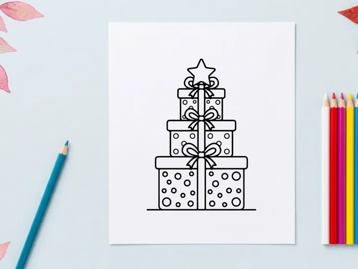 Christmas gift boxes stack with star topper line art illustration for holiday design