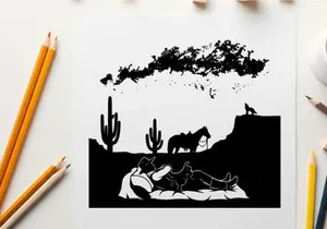 Desert landscape with horse and silhouette figures at sunset