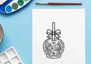 Decorative candy apple line art. Ornate caramel apple illustration with a festive bow.