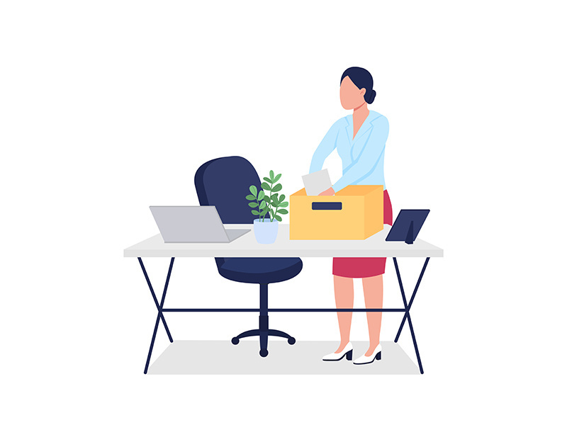 Fired woman collecting stuff flat color vector faceless character