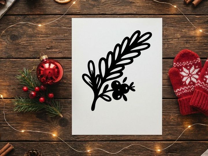Hand drawn Christmas holly berry branch icon, festive winter botanical sketch illustration.