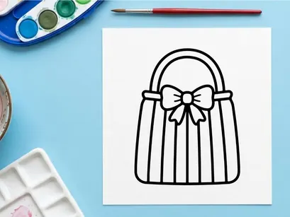 Elegant wedding gift bag with white ribbon bow. Stylish striped present packaging for bridal shower favors and celebrations.