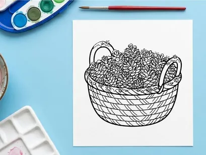 Hand drawn illustration of a basket filled with pine cones