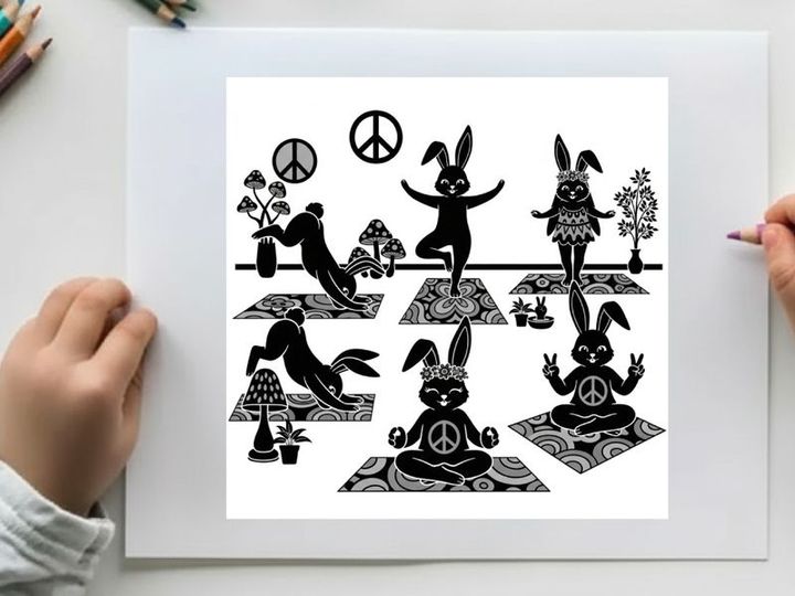 Peaceful silhouette of rabbits and humans in yoga poses with peace signs