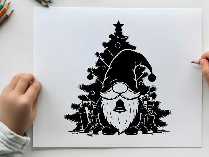 Christmas gnome silhouette with tree and stockings