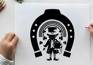 Leprechaun silhouette standing in horseshoe with rainbow and clovers