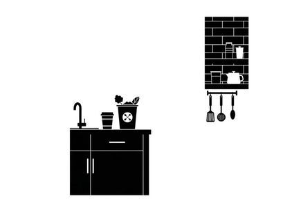 Silhouette of a kitchen counter and utensils on a white background