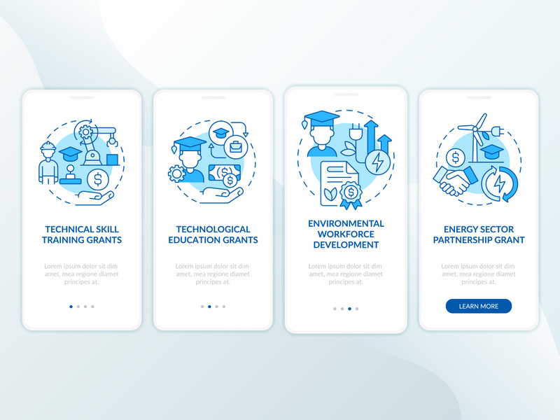 Federal grants for tech training blue onboarding mobile app screen