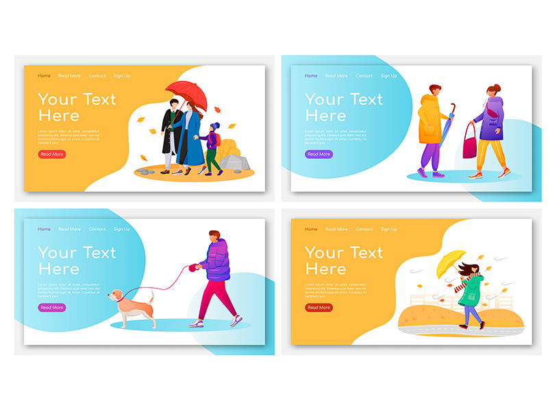 Walking people landing page flat color vector templates set