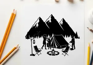 Camping silhouette scene with mountains tent and people