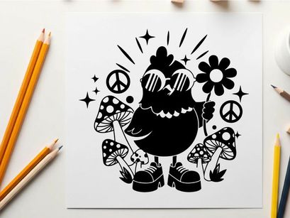 Groovy silhouette bird wearing sunglasses with flowers and mushrooms