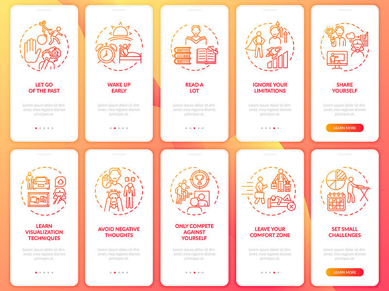 Self-development tips red onboarding mobile app page screen with concepts set