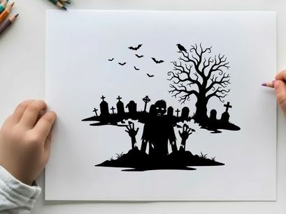 Silhouette of a zombie rising from a grave at night