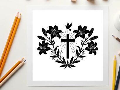 Christian symbolism cross lilies and dove silhouette