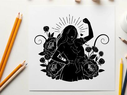 Empowered mother silhouette with child and floral elements