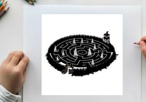 Silhouette of a person standing in a mysterious maze with pyramids silhouette