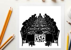 Silhouette of people sitting around a long table eating