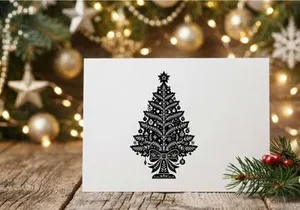 Black and white Christmas tree illustration with decorative ornaments and star topper.