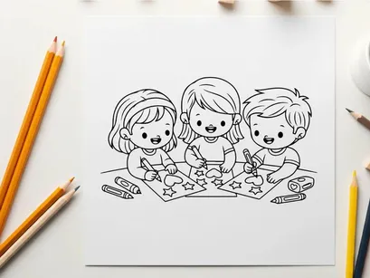 Three kids drawing together vector illustration flat design