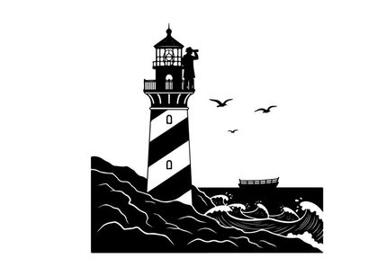 Black and white lighthouse silhouette on a stormy sea with birds flying